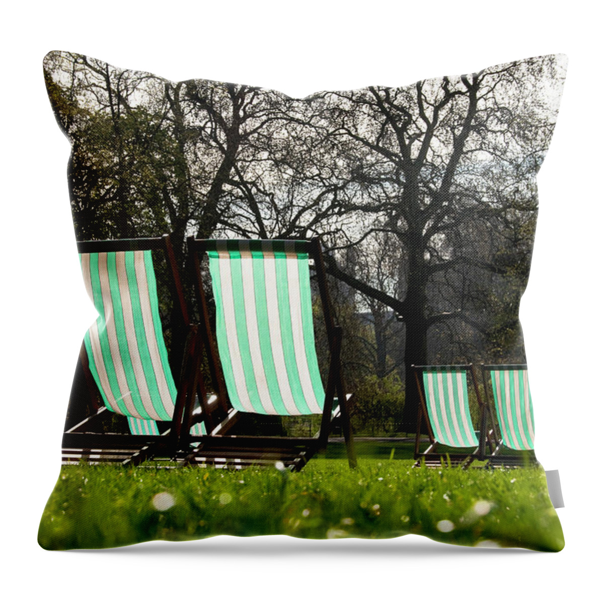 Garden Throw Pillow featuring the photograph Deck chairs in a park by Dutourdumonde Photography
