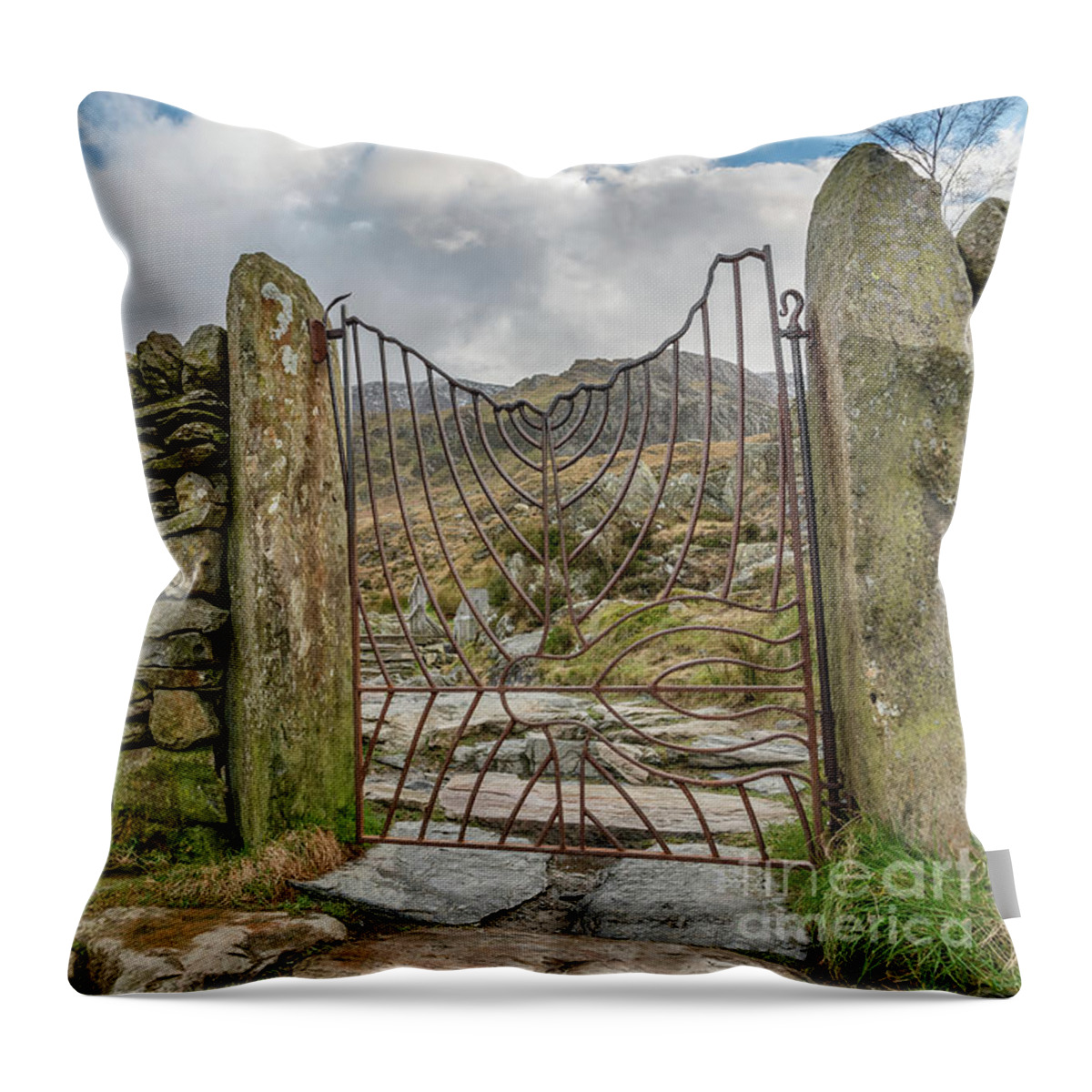 Tryfan Mountain Throw Pillow featuring the photograph Decorative Gate Snowdonia by Adrian Evans