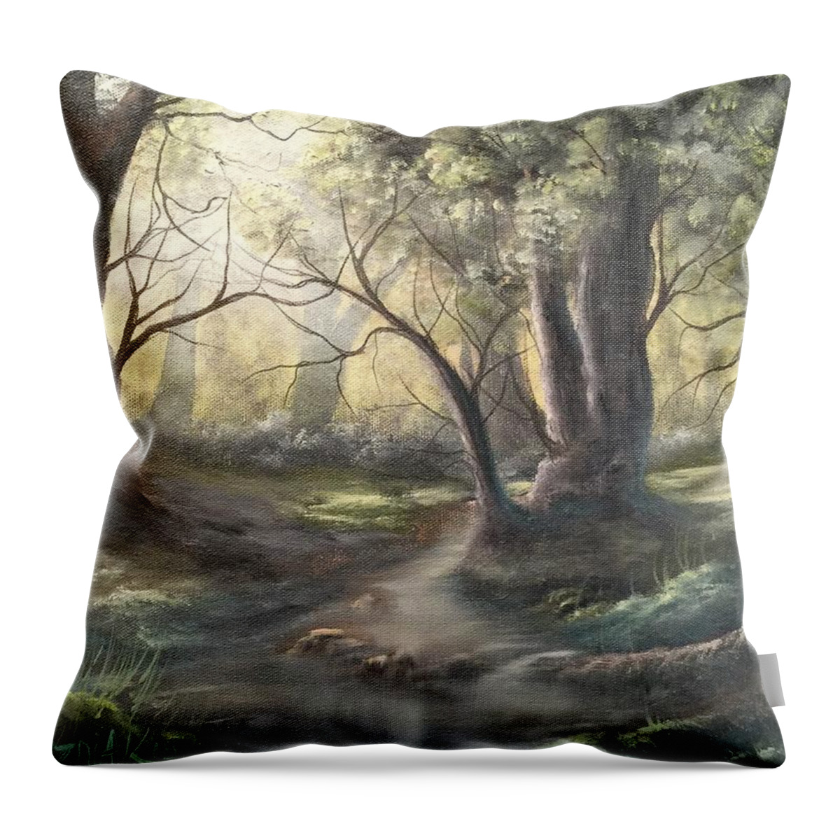 Forest Trees Water Sky River Rocks Landscape Oak Trees Grass Throw Pillow featuring the painting Deep Forest by Justin Wozniak