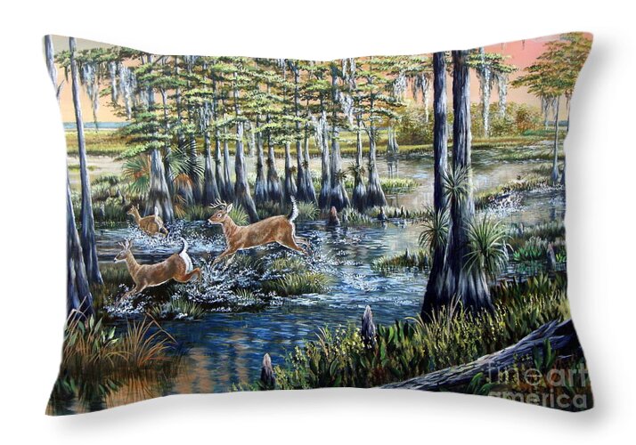 Florida Backwoods Throw Pillow featuring the painting Deer and dogs- A Southern tradition by Daniel Butler