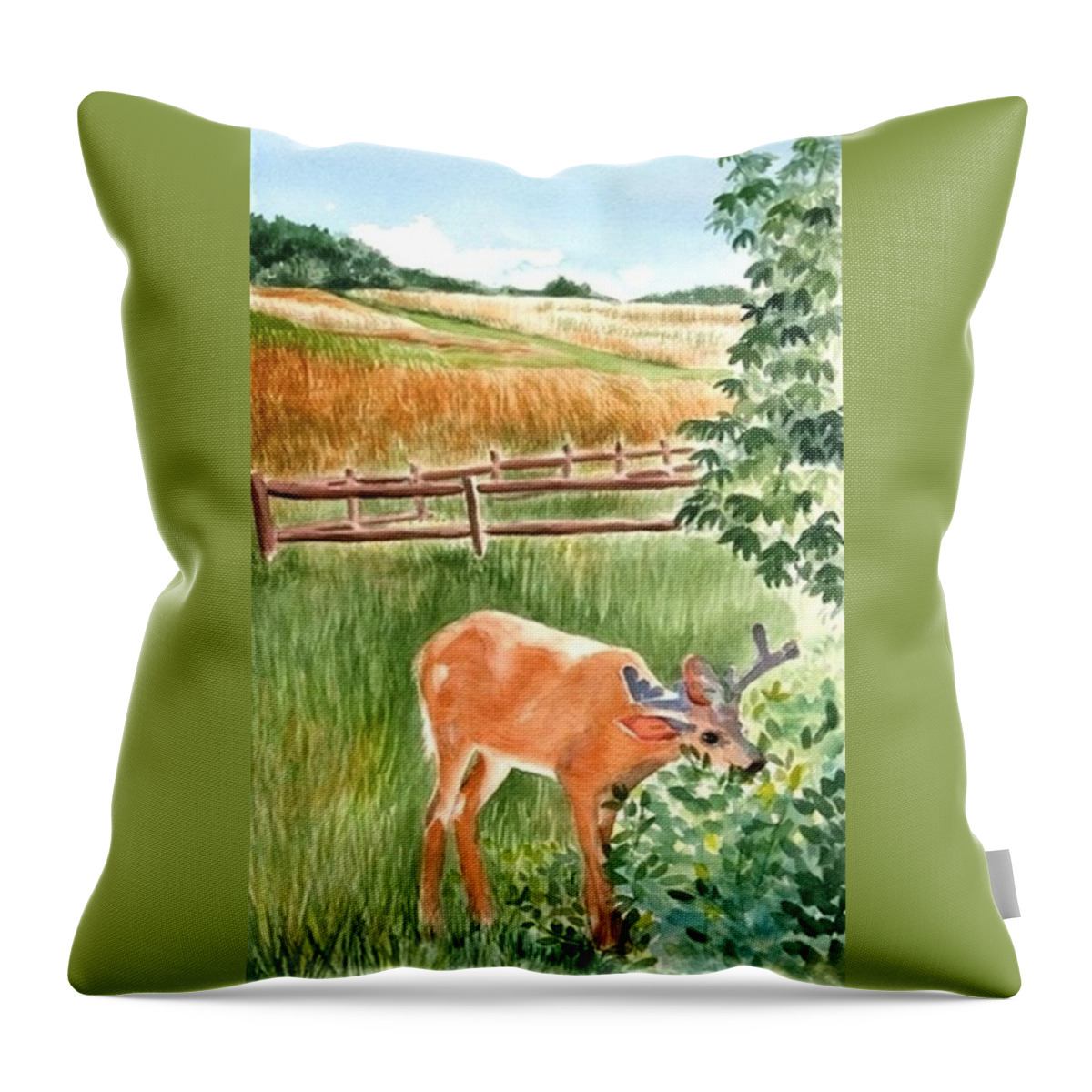 Deer Throw Pillow featuring the painting Deer eating Leaves by Judy Swerlick