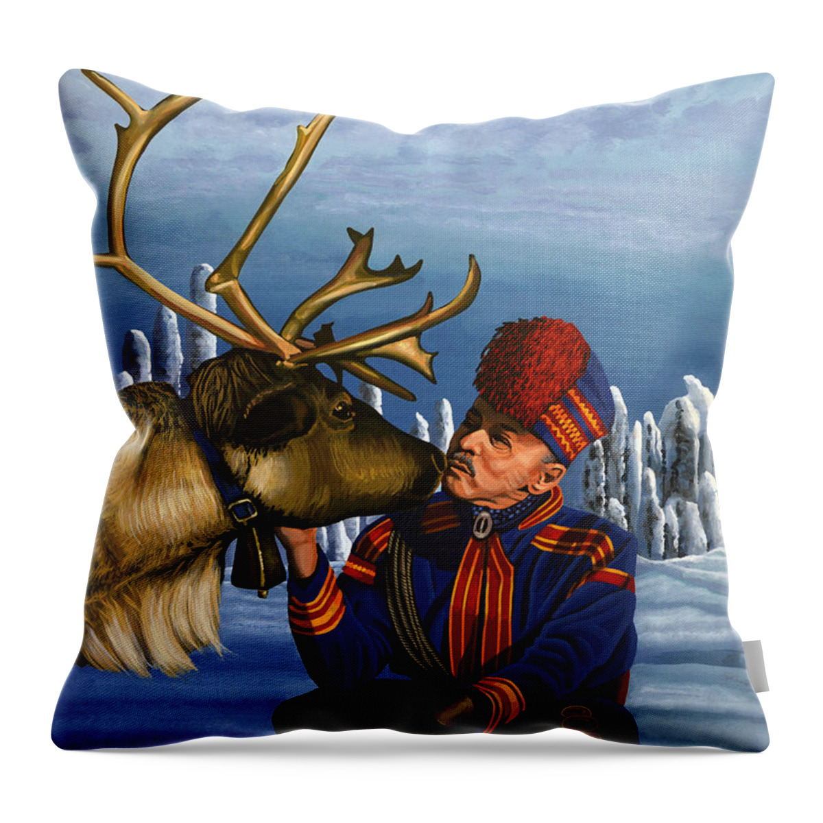 Finland Throw Pillow featuring the painting Deer Friends Of Finland by Paul Meijering