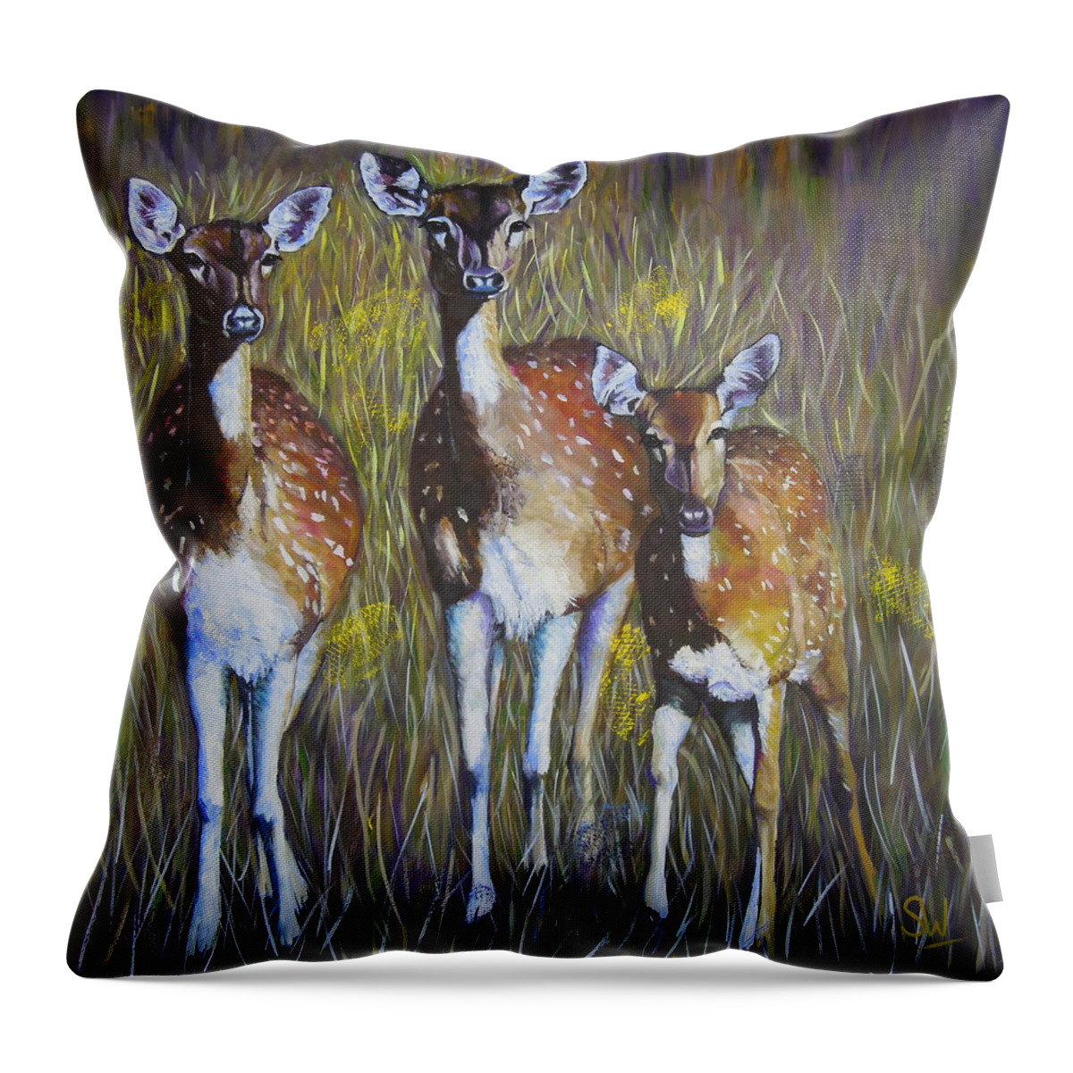 Art Throw Pillow featuring the painting Deer on guard by Shirley Wellstead