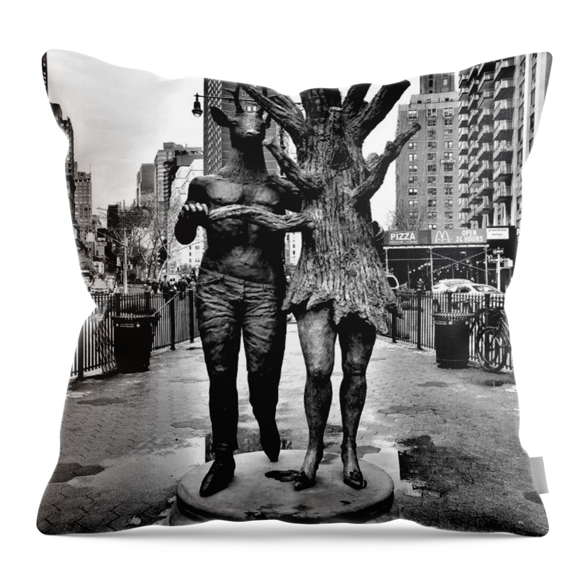 Art Throw Pillow featuring the photograph DEER TREE SCULPTURE IN N Y C in B W by Rob Hans