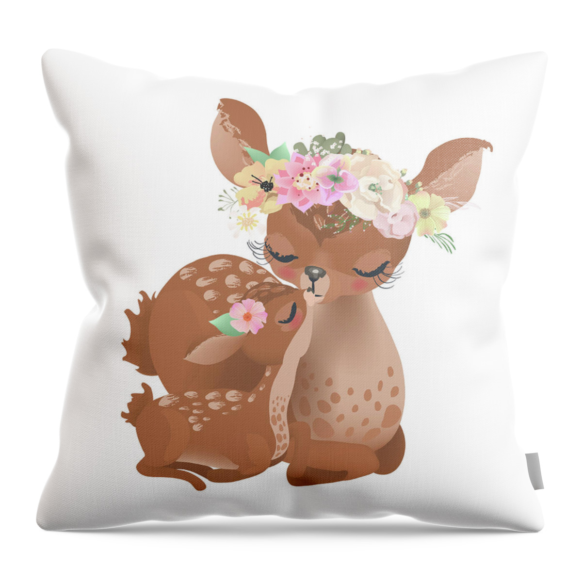Deer Throw Pillow featuring the digital art Deer Woodland Boho Baby Nursery Floral Throw Pillow by Pink Forest Cafe
