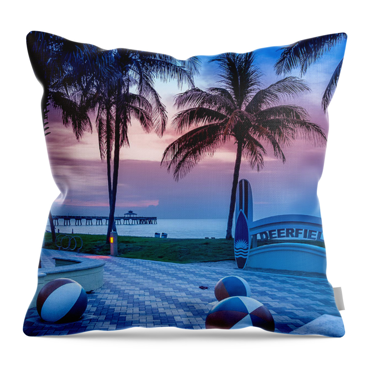 Deerfield Beach Fl Fishing Pier # Fishing Pier # Ocean # Sunrise # Sunrise Florida #  Colorful Sunrise # Throw Pillow featuring the photograph Deerfield Beach FL Fishing Pier by Louis Ferreira
