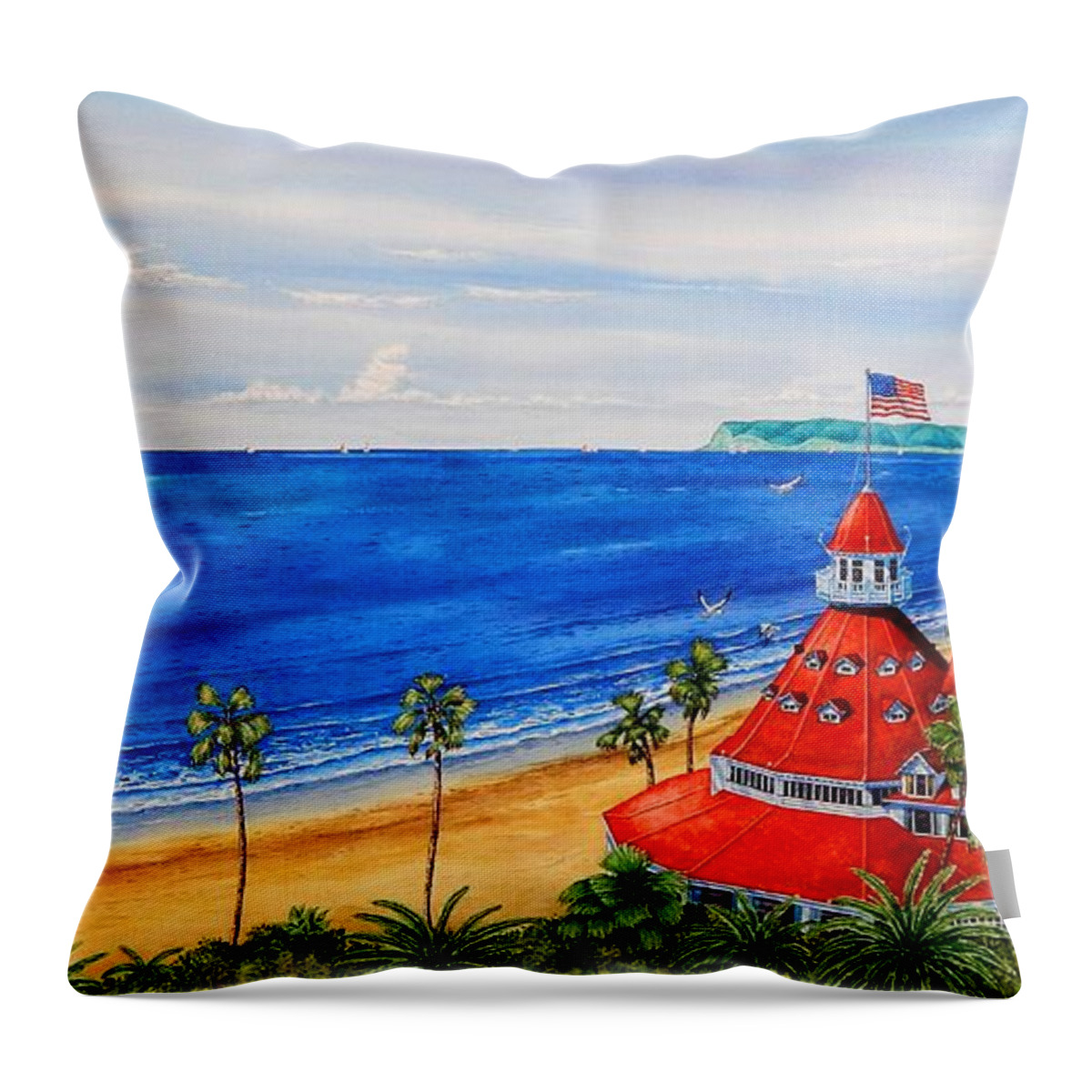 Del Throw Pillow featuring the painting Hotel Del Coronado Panorama by John YATO