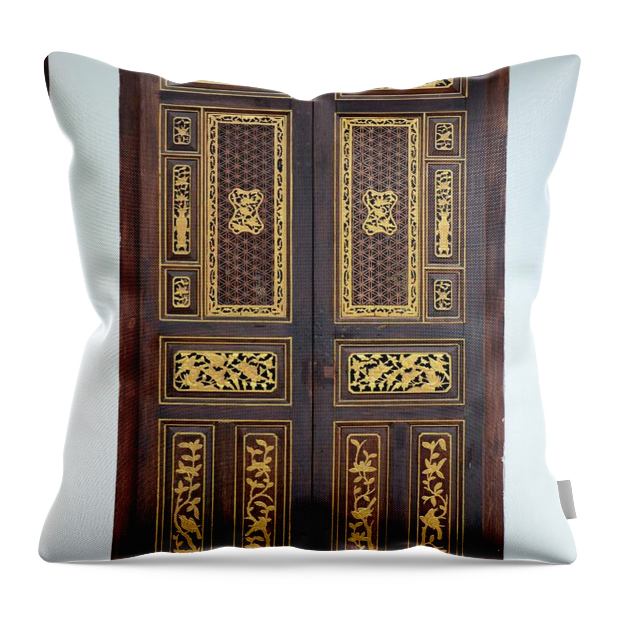 Door Throw Pillow featuring the photograph Delicate Peranakan wood carved door with gold inlay Penang Malaysia by Imran Ahmed