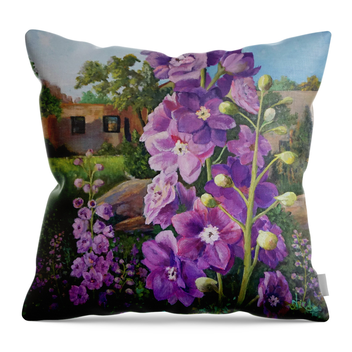 Pink Throw Pillow featuring the painting Delightful Delphiniums by Alika Kumar