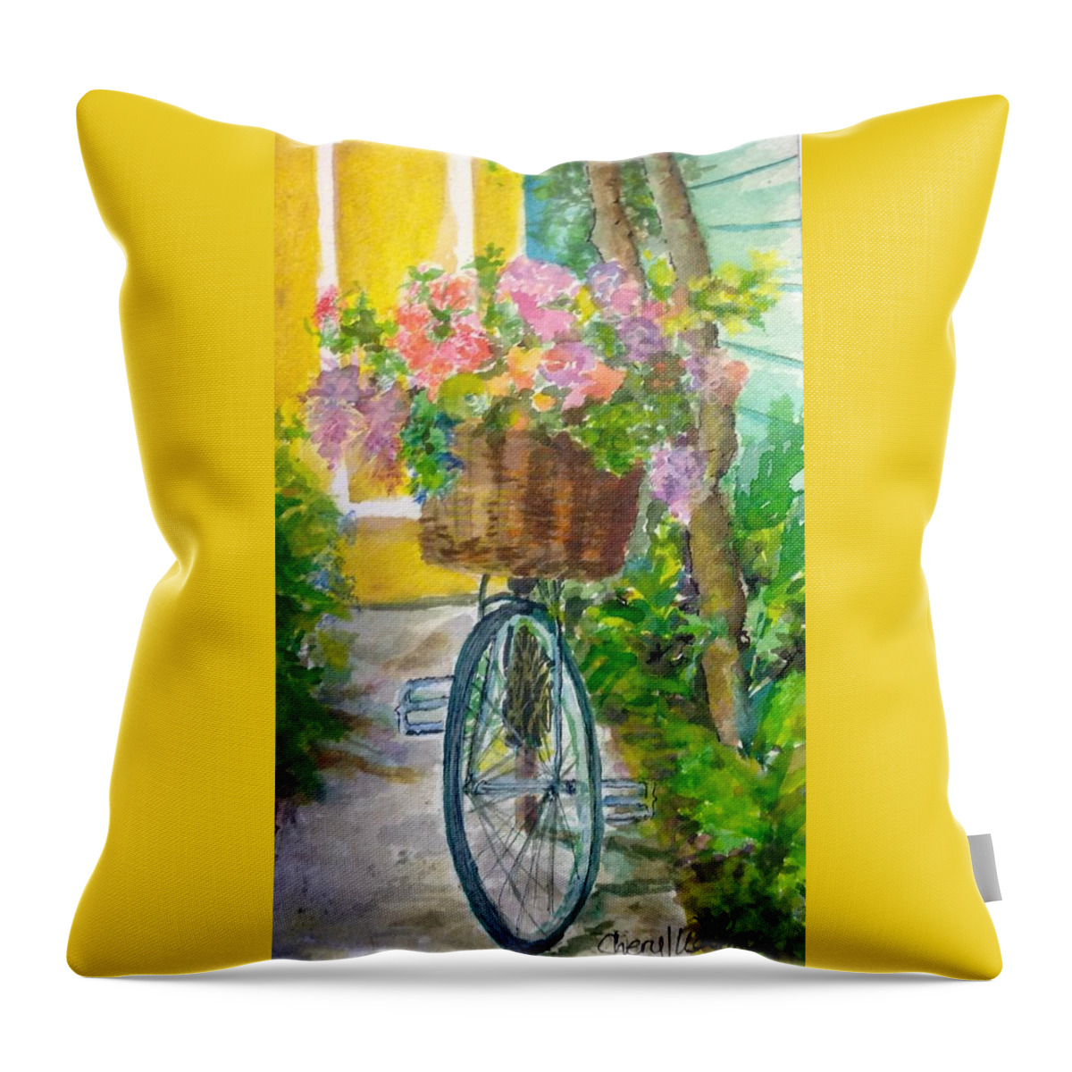 Bicycle Throw Pillow featuring the painting Delivering Blessings by Cheryl Wallace