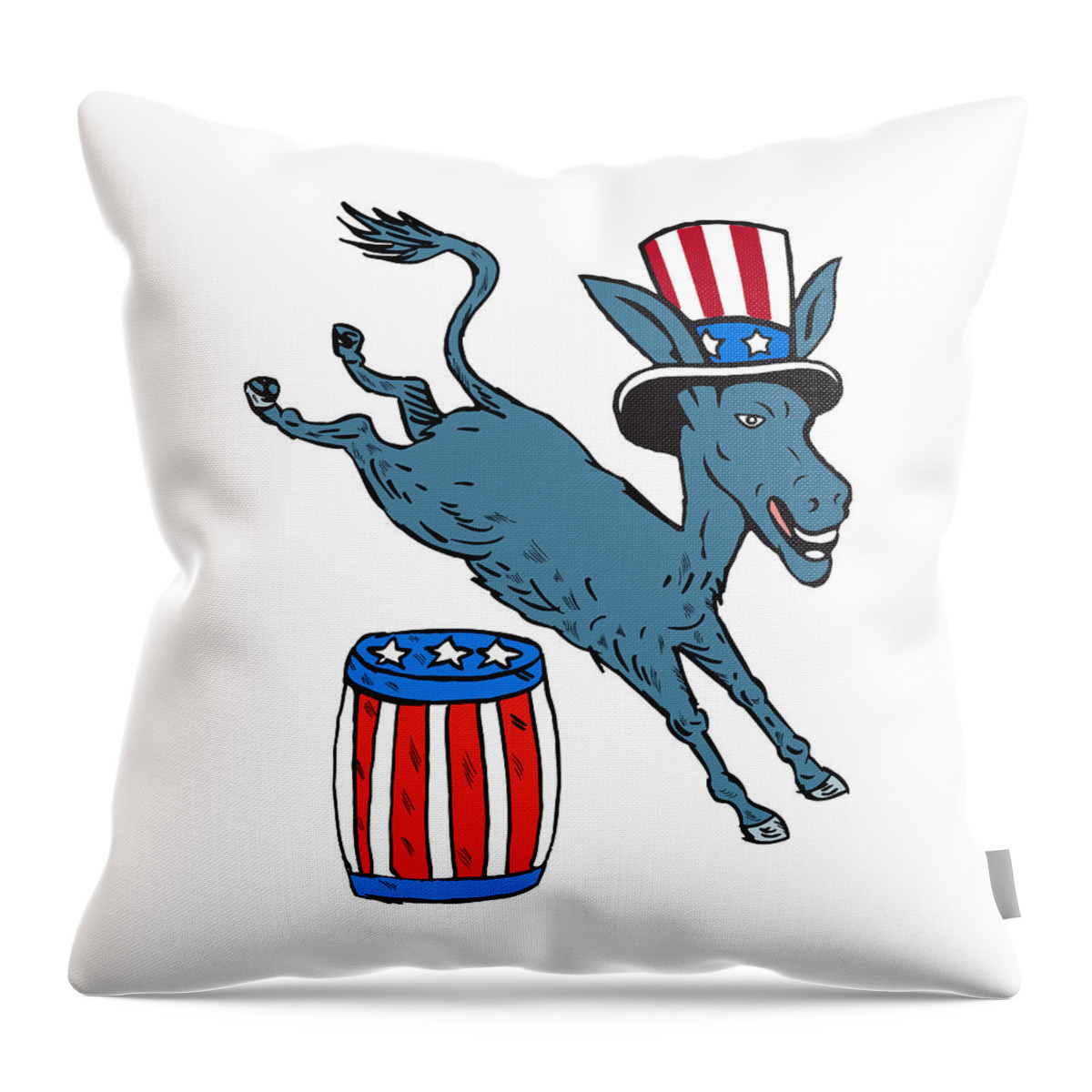 Donkey Throw Pillow featuring the digital art Democrat Donkey Mascot Jumping Over Barrel Cartoon by Aloysius Patrimonio