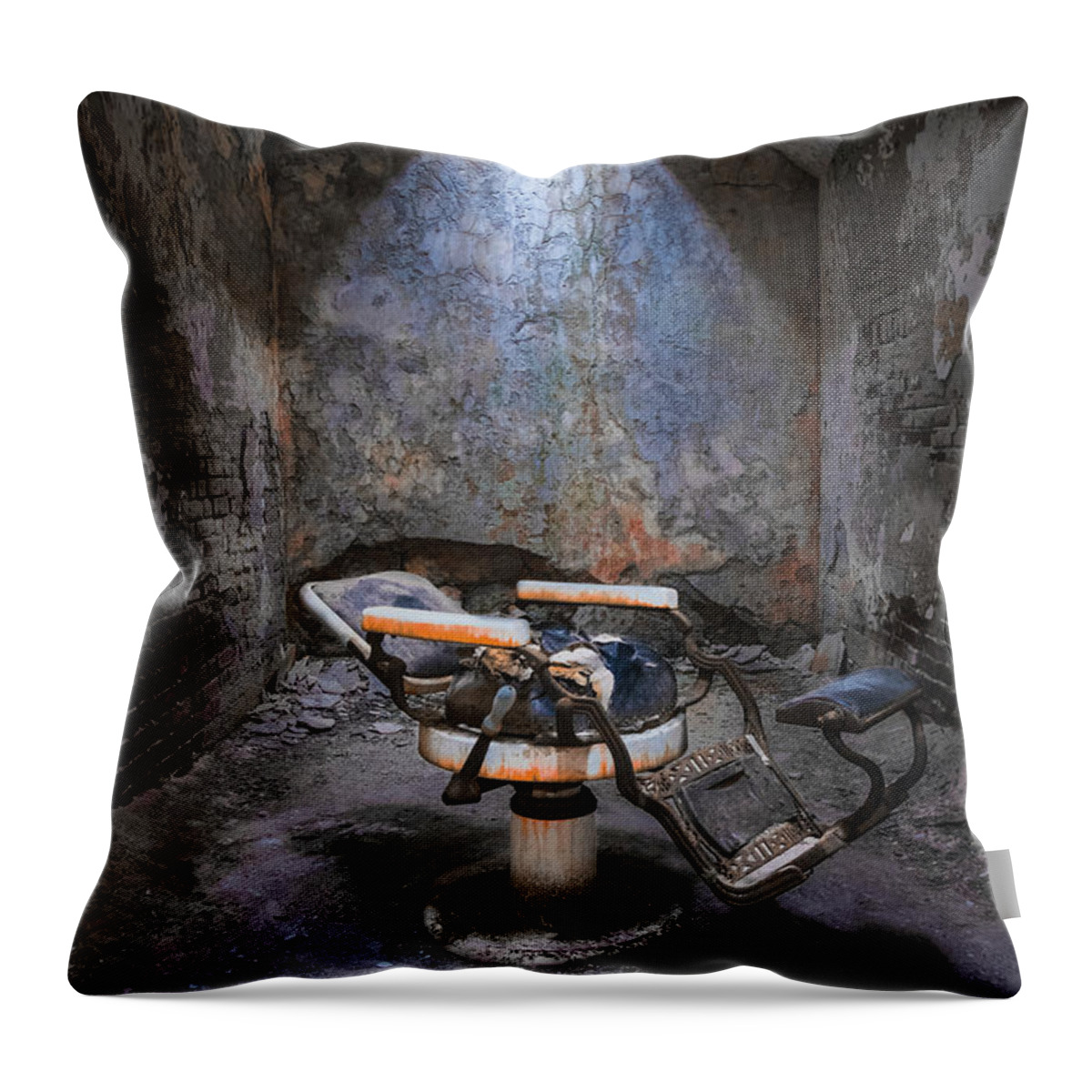 Eastern State Penitentiary Throw Pillow featuring the photograph Dental Chair ESP by Tom Singleton