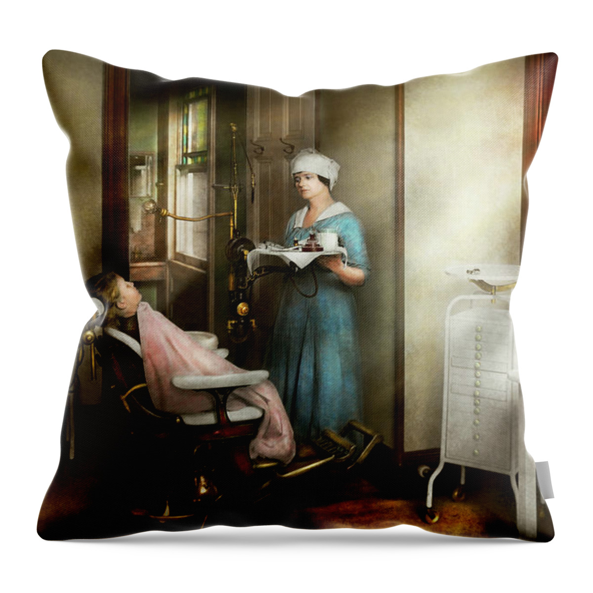 Dentist Art Throw Pillow featuring the photograph Dentist - Patients is a virtue 1920 by Mike Savad