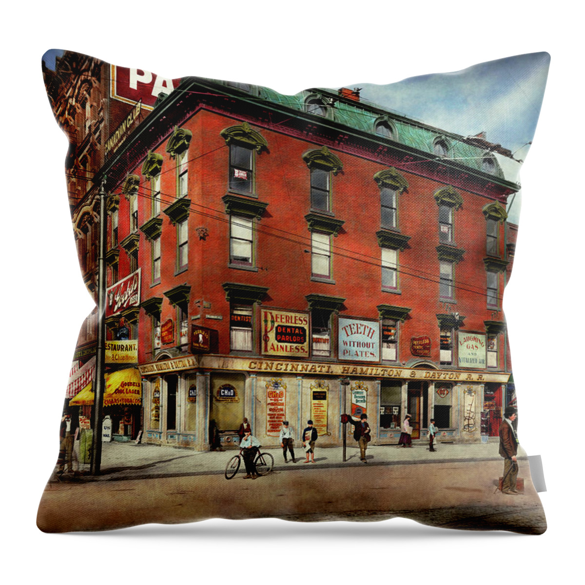 Detroit Mi Throw Pillow featuring the photograph Dentist - Peerless Painless Dental Parlors 1910 by Mike Savad