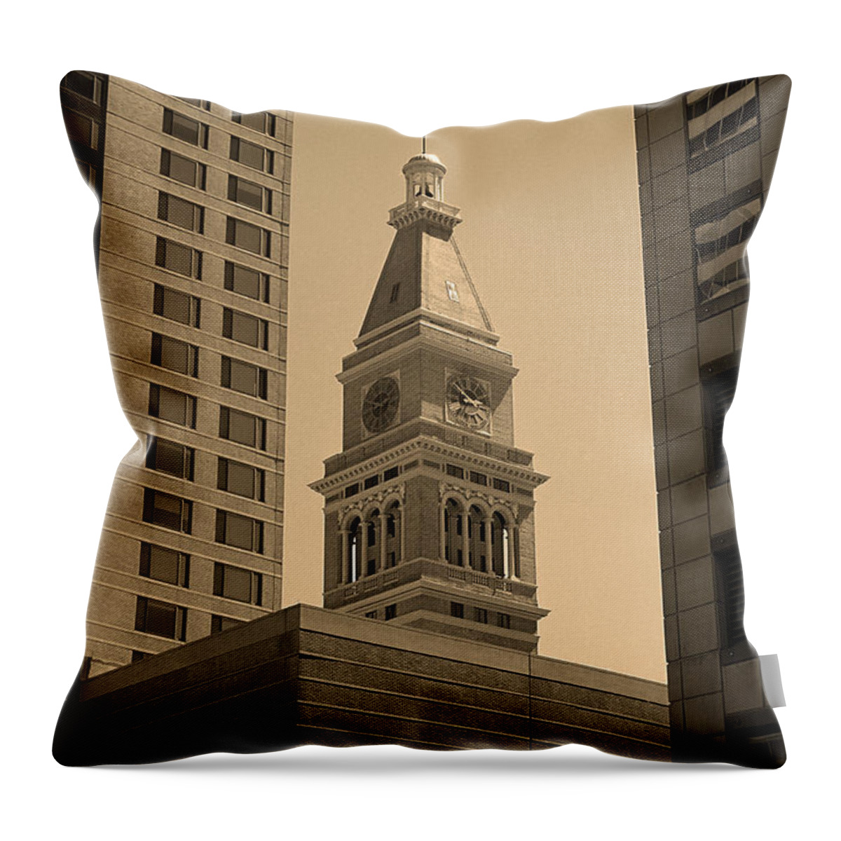 16th Throw Pillow featuring the photograph Denver - Historic D F Clocktower 2 Sepia by Frank Romeo