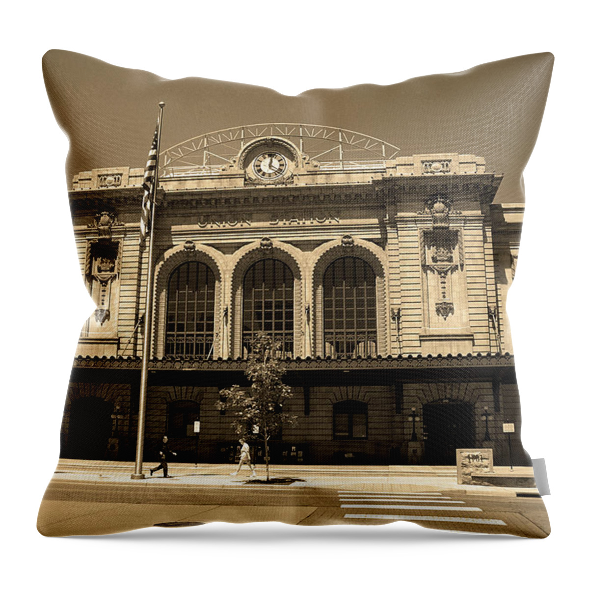 America Throw Pillow featuring the photograph Denver - Union Station Sepia 5 by Frank Romeo