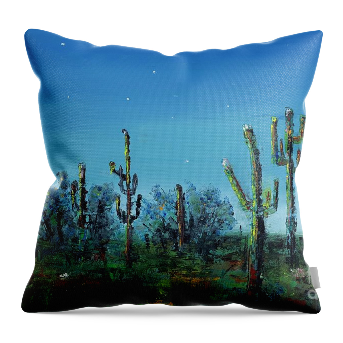 Desert Saguaro Catus In Bloom Throw Pillow featuring the painting Desert Blue by Frances Marino