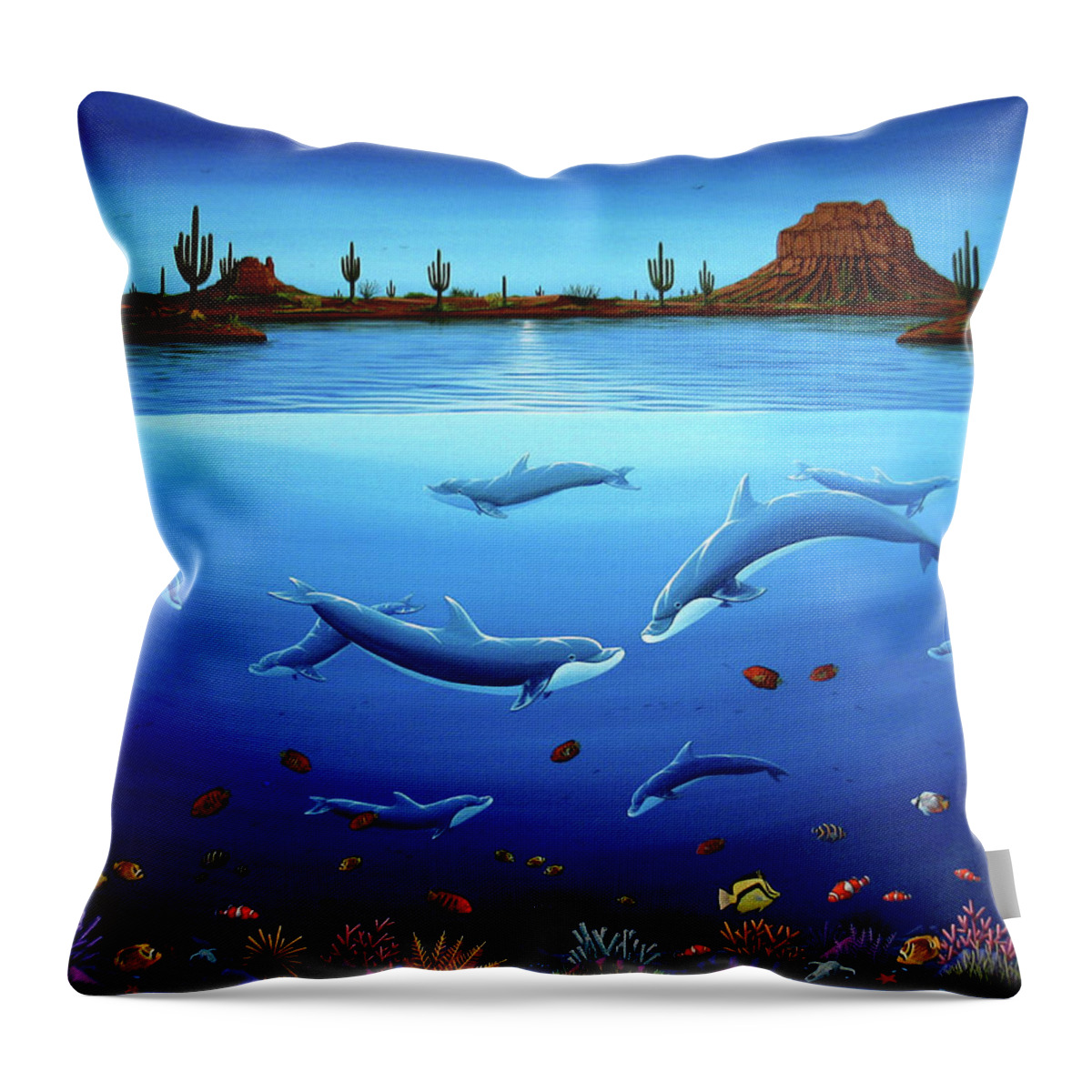 Ocean Throw Pillow featuring the painting Desert Dolphins by Lance Headlee