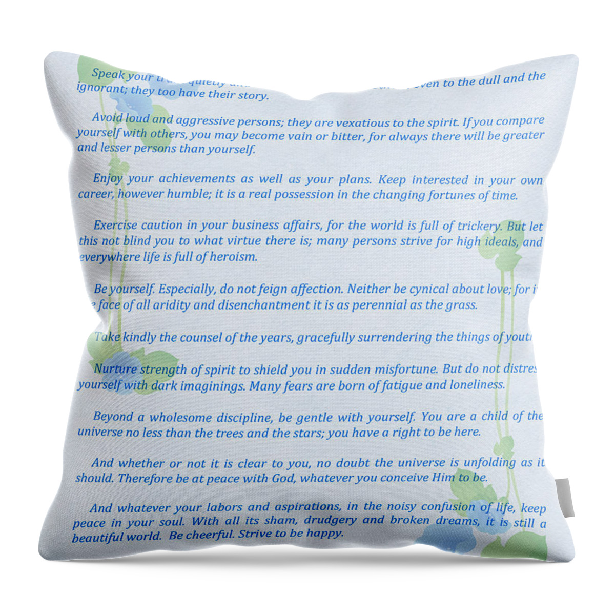 Desiderata In Blue Throw Pillow featuring the digital art Desiderata In Blue by Olga Hamilton