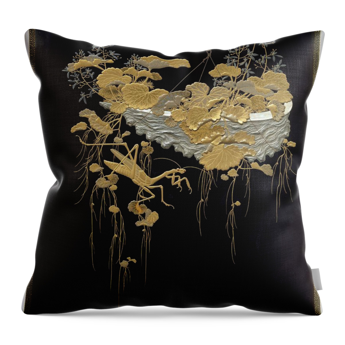 Design Of Flowers And Praying Mantis Throw Pillow featuring the painting Design of Flowers and Praying Mantis by Eastern Accents