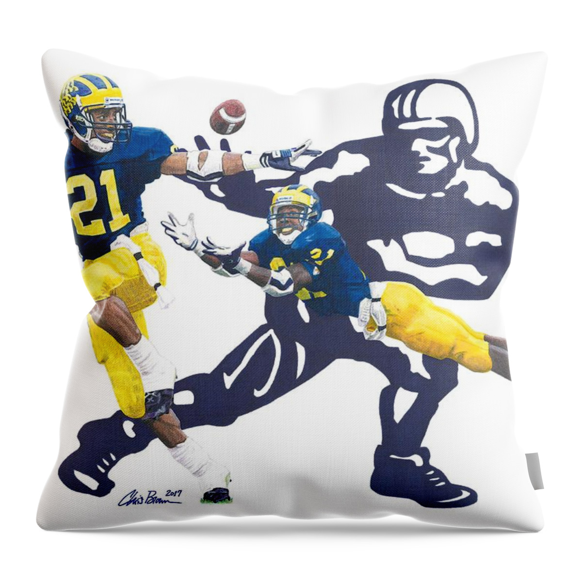 Michigan Wolverines Throw Pillow featuring the drawing Desmond Howard - Hello Heisman by Chris Brown