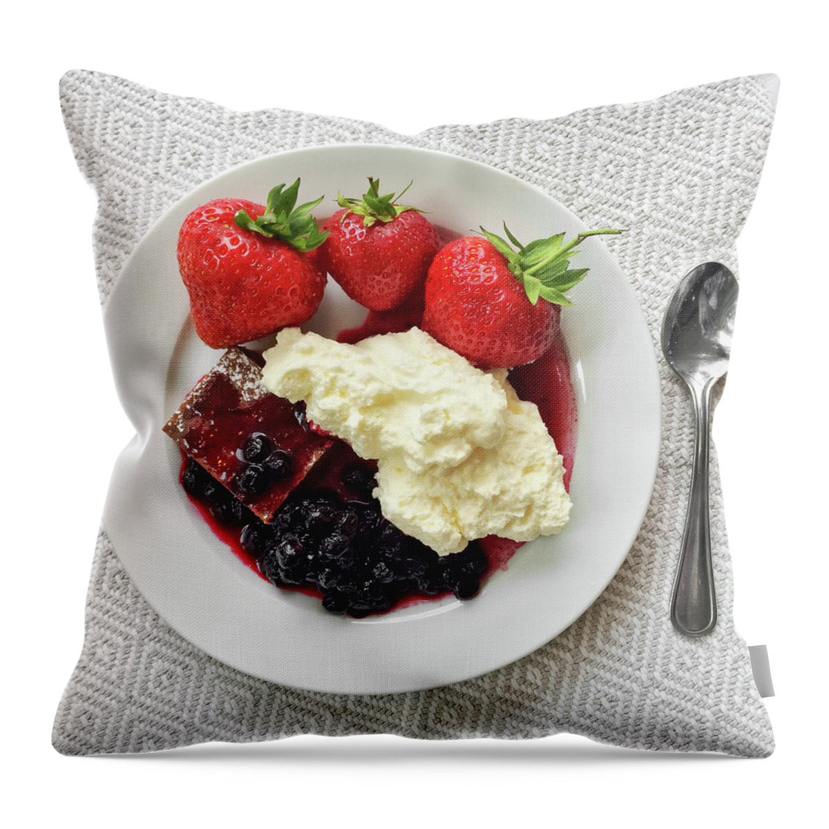 Dessert Throw Pillow featuring the photograph Dessert with strawberries and whipped cream by GoodMood Art