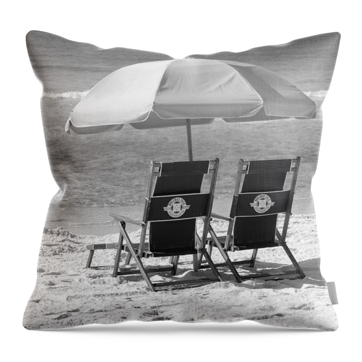 Destin Throw Pillow featuring the photograph Destin Florida Beach Chairs and Umbrella Black and White by Shawn O'Brien