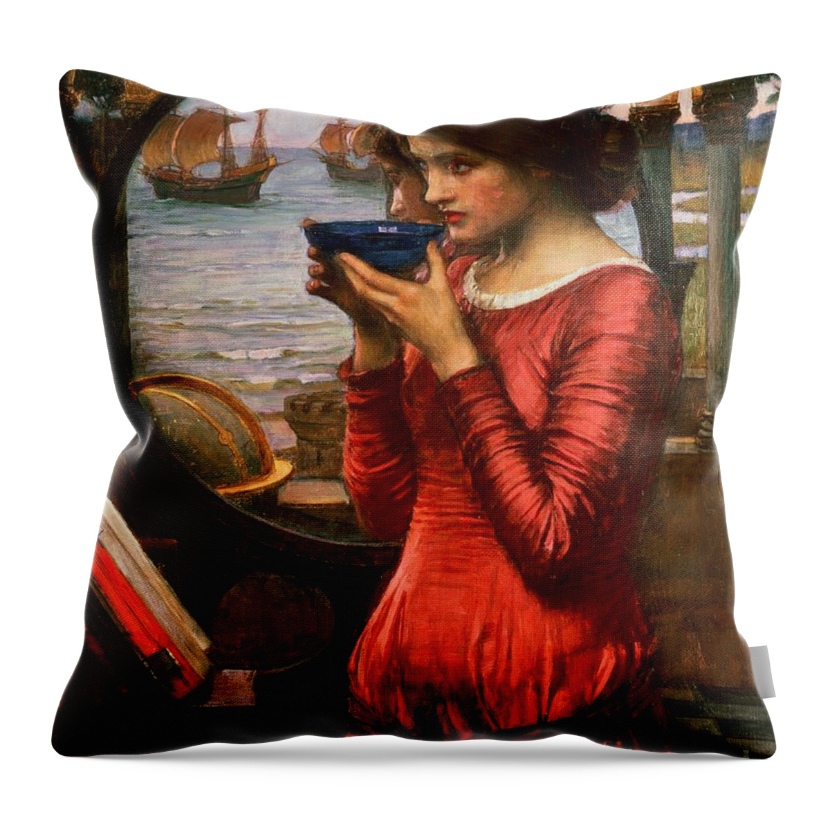 Boat; Globe; Poison; Blue Glass; Pre-raphaelite; Allegorical; Red Dress Throw Pillow featuring the painting Destiny by John William Waterhouse