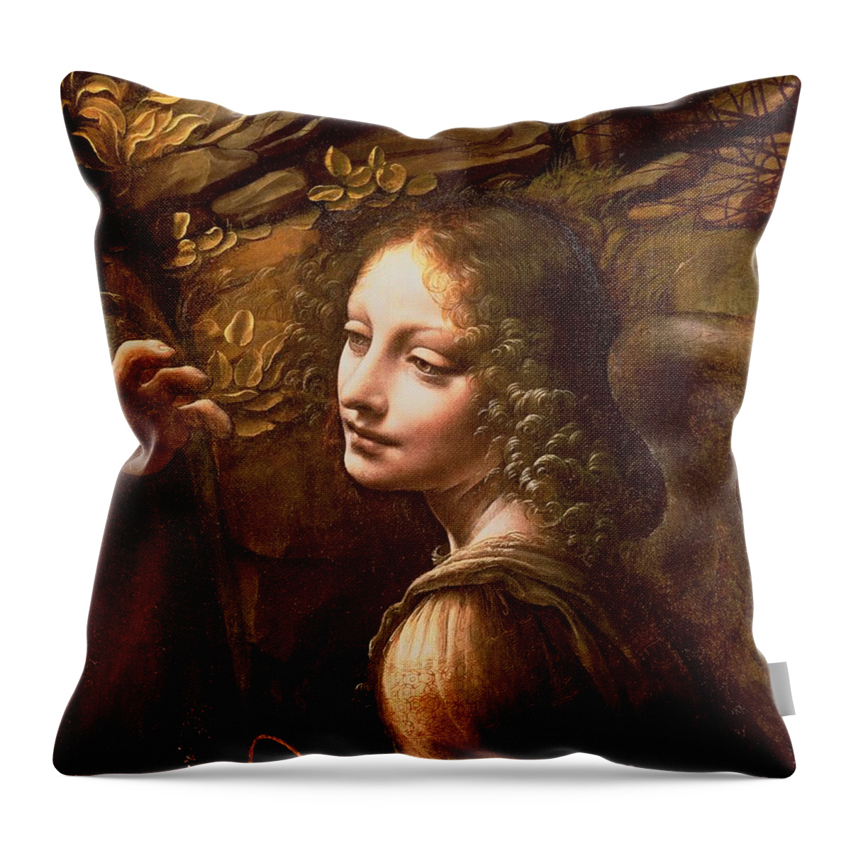 Leonardo Da Vinci Throw Pillow featuring the painting Detail of the Angel from The Virgin of the Rocks by Leonardo Da Vinci