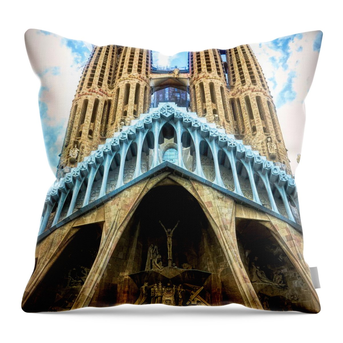 La Sagrada Familia Throw Pillow featuring the digital art Details Gaudi La Sagrada Familia Catholic Church by Chuck Kuhn