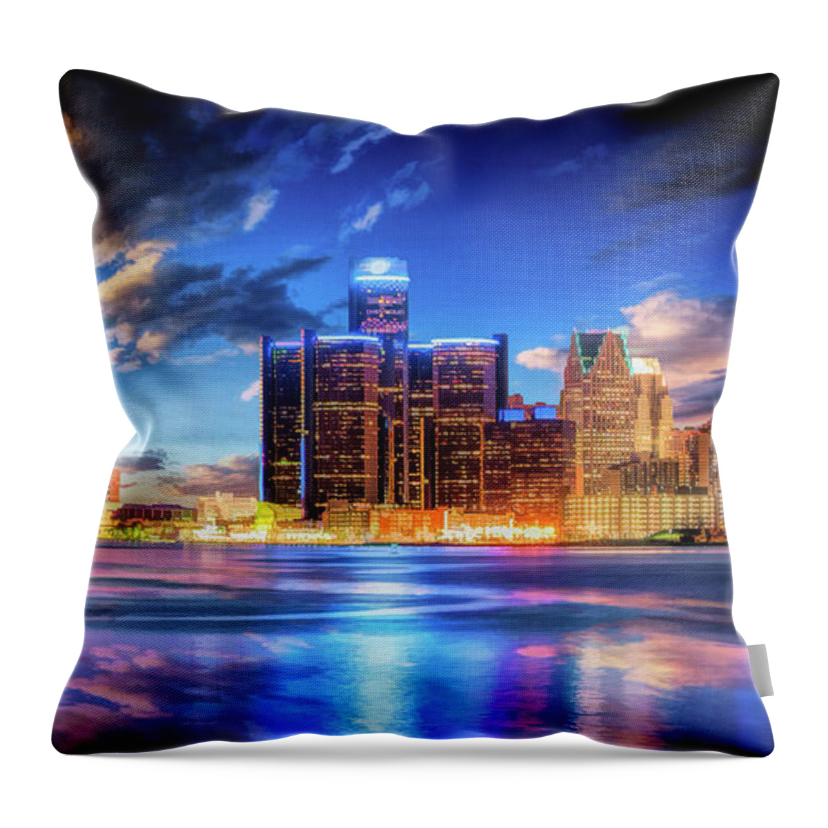 Detroit Throw Pillow featuring the painting Detroit Skyline Sunset by Christopher Arndt