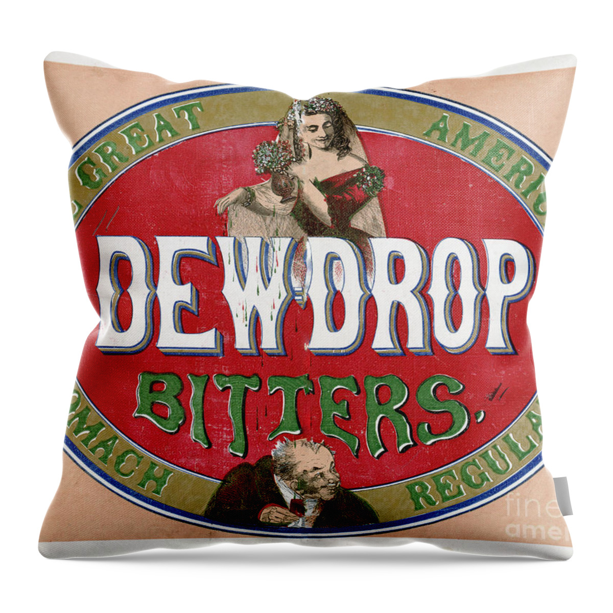 Dewdrop Throw Pillow featuring the mixed media Dew Drop Bitters Vintage Product Label by Edward Fielding