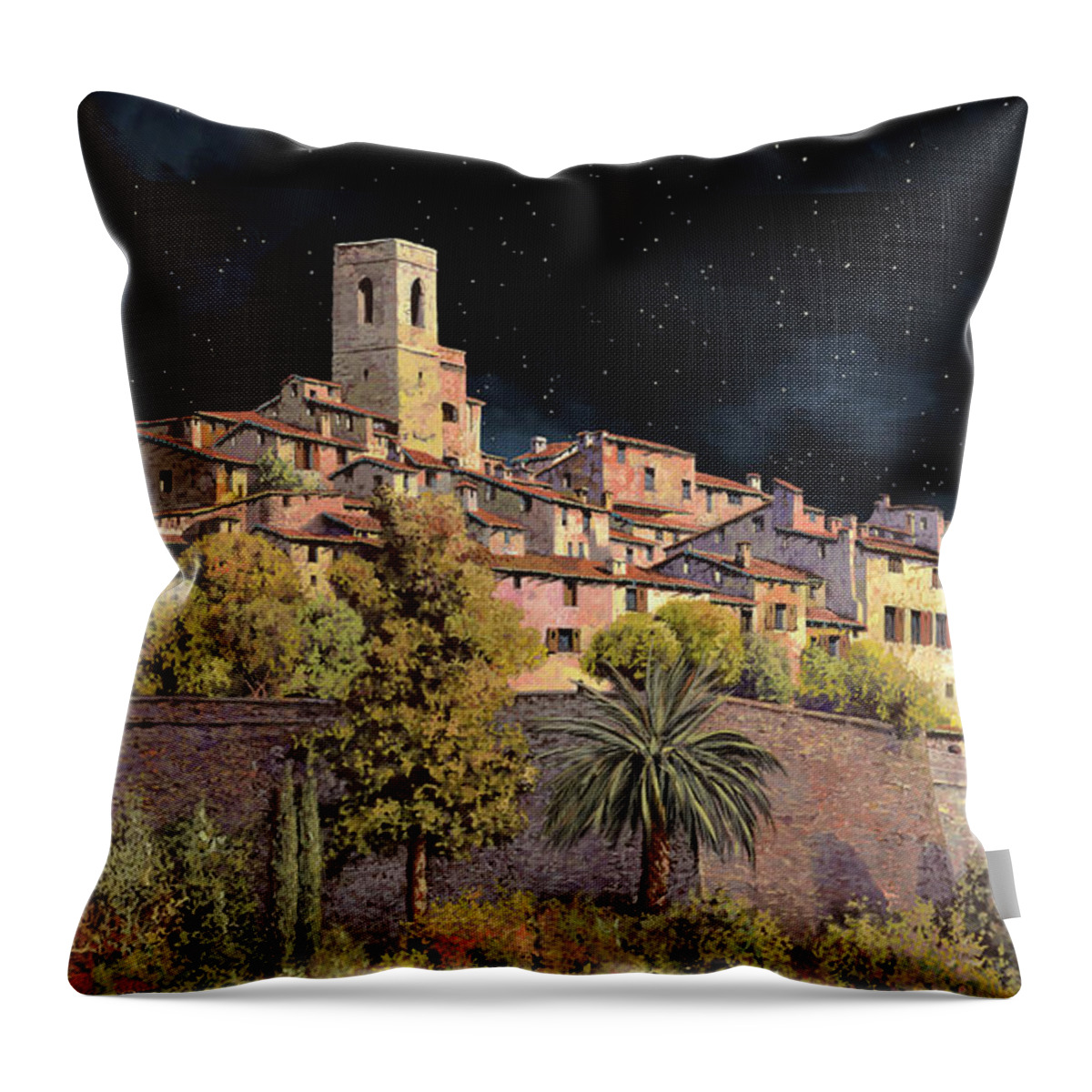 St Paul De Vence Throw Pillow featuring the painting di notte a St Paul by Guido Borelli