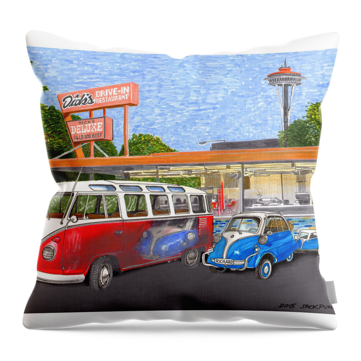 Framed Prints Of Dick's Drive-in Best Hamburgers In Seattle Throw Pillow featuring the painting Dicks Drive In Seattle by Jack Pumphrey