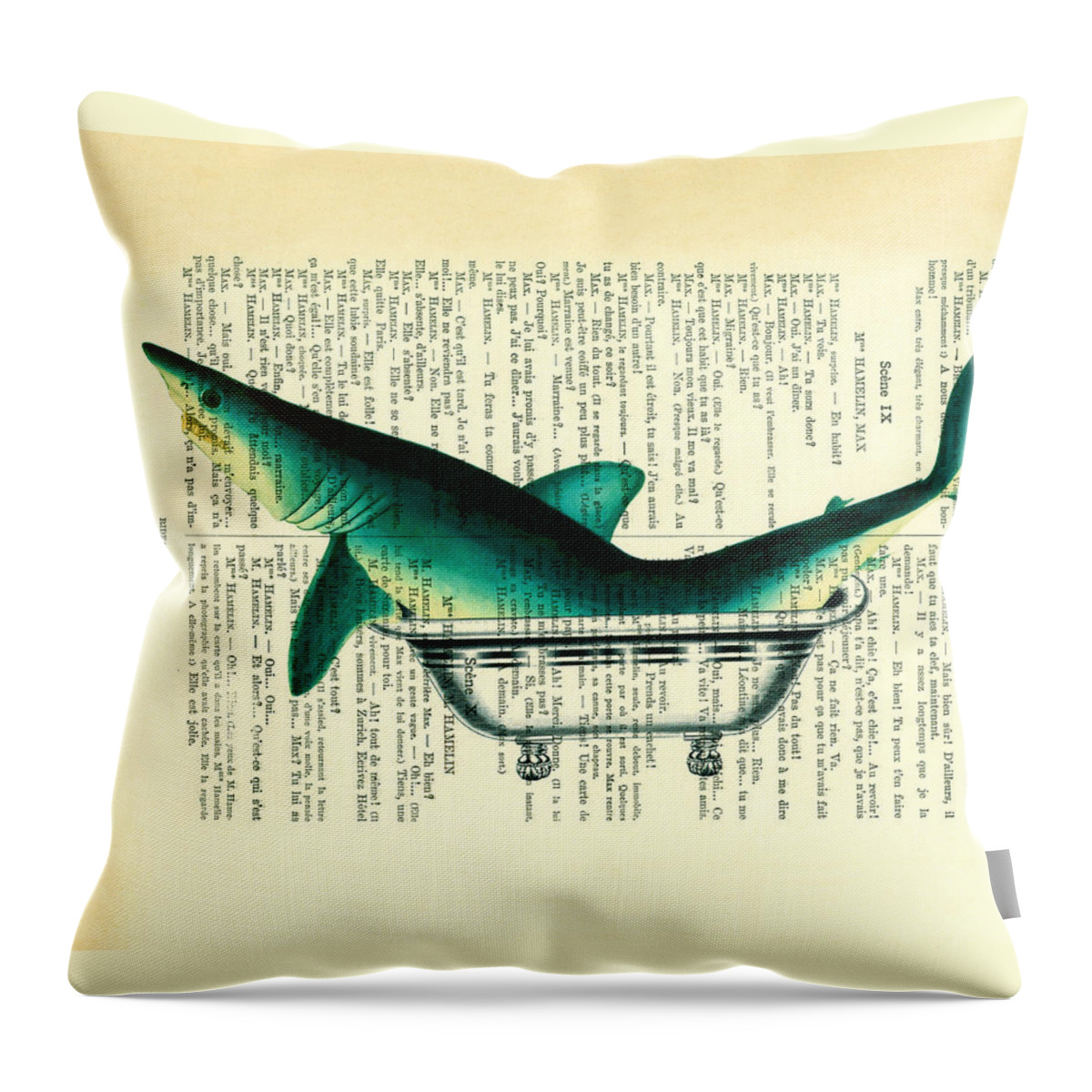Shark Throw Pillow featuring the digital art Shark in bathtub illustration on dictionary paper by Madame Memento