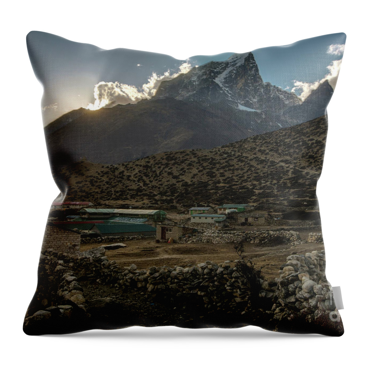 Everest Throw Pillow featuring the photograph Dingboche Evening Sunrays by Mike Reid