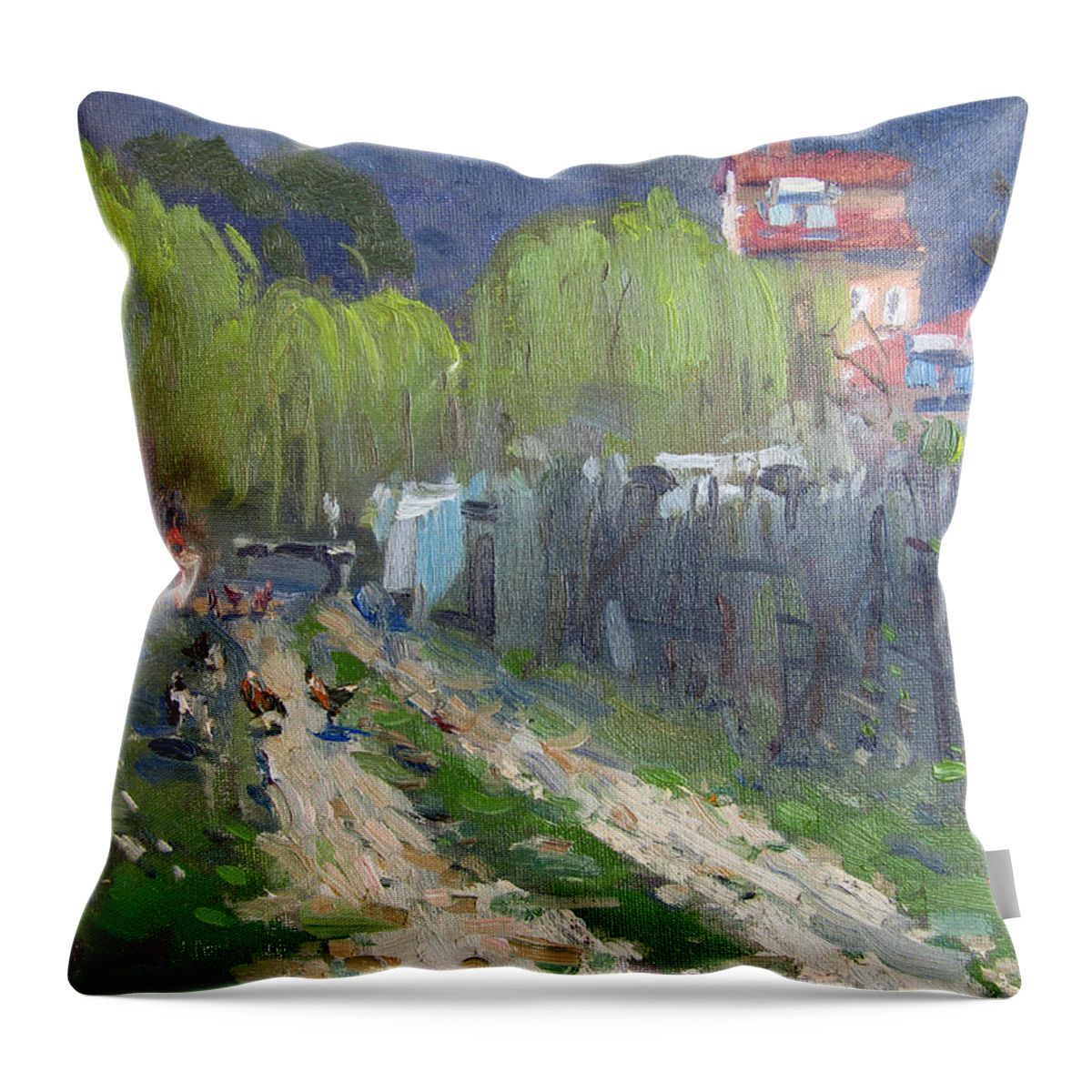 Dirt Road Throw Pillow featuring the painting Dirt Road to Elida's Garden by Ylli Haruni