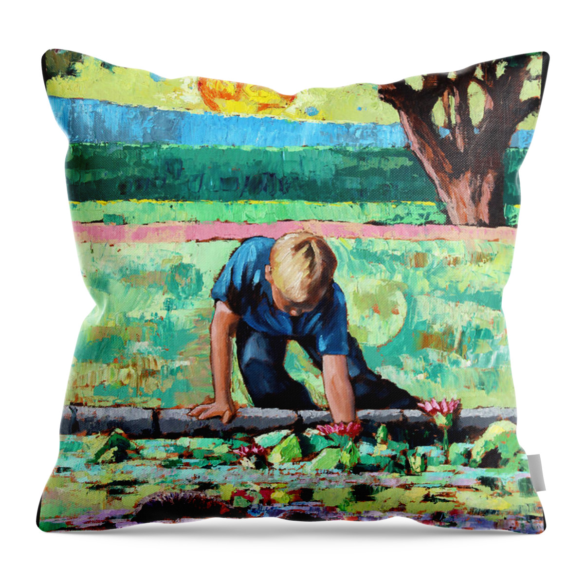 Boy Throw Pillow featuring the painting Discovering A World Of Beauty by John Lautermilch