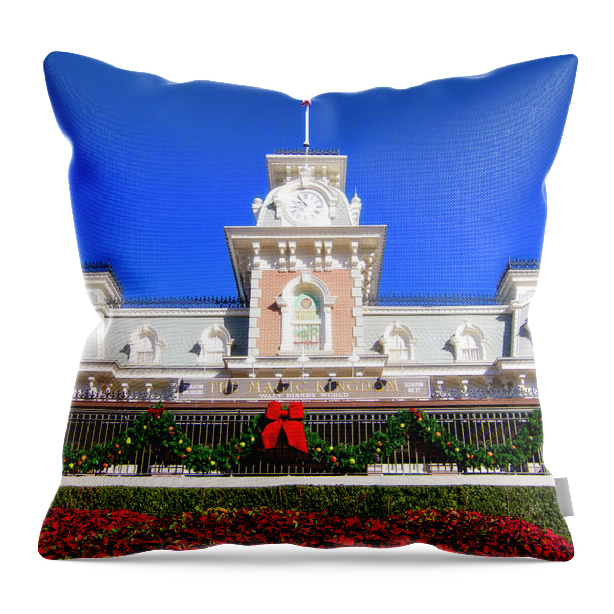 Magic Kingdom Throw Pillow featuring the photograph Disney Railroad Station by Mark Andrew Thomas