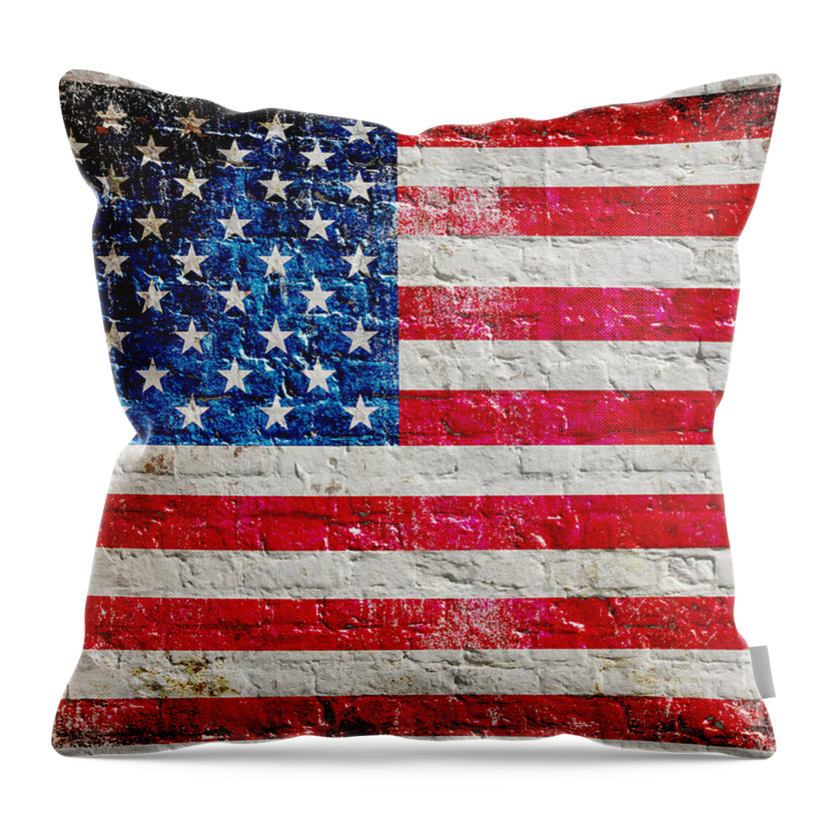Wall Throw Pillow featuring the digital art Distressed American Flag On Old Brick Wall - Horizontal by M L C