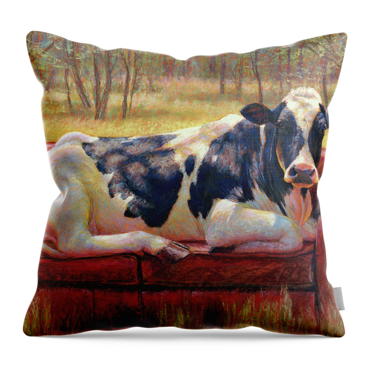 Cow Holstein Woods Landscape Animals Goddess Sunlight Bovine Pastel Black White Throw Pillow featuring the pastel Diva Bovina by Rita Kirkman