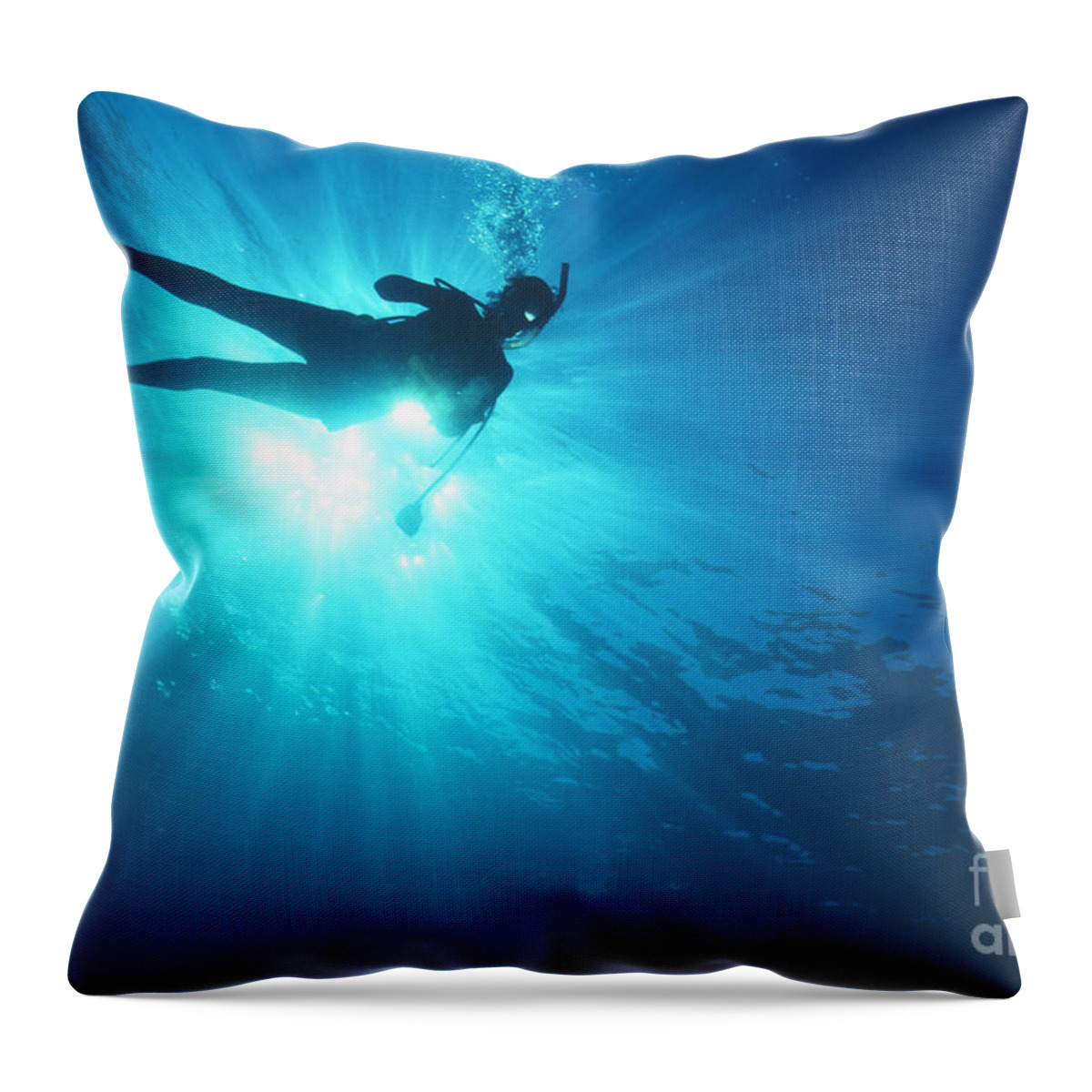 Blue Throw Pillow featuring the photograph Diver On Mahi Wreck by Bob Abraham - Printscapes