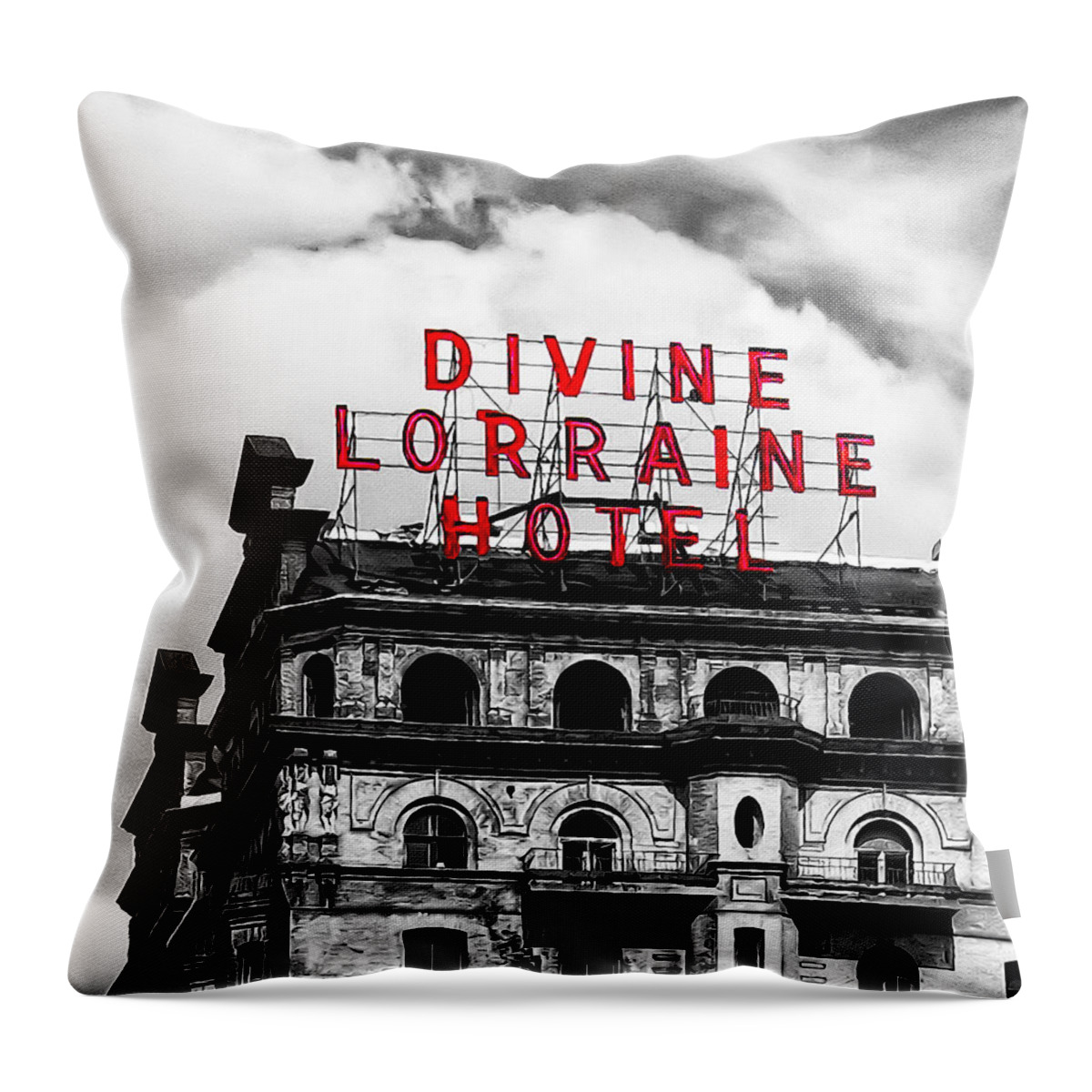 Divine Lorraine Hotel Marquee Throw Pillow featuring the photograph Divine Lorraine Hotel Marquee by Bill Cannon