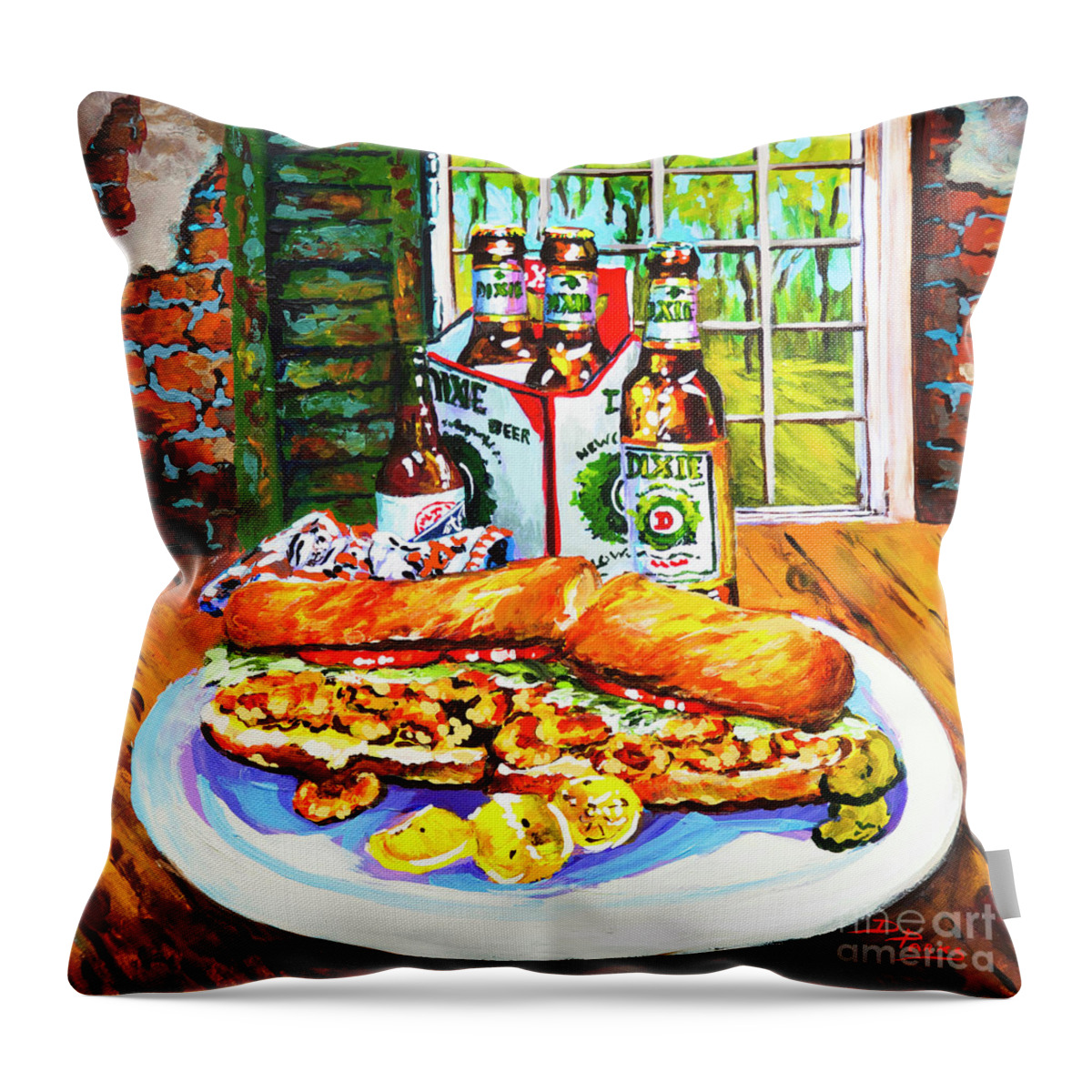 New Orleans Throw Pillow featuring the painting Dixie Po'Boy by Dianne Parks
