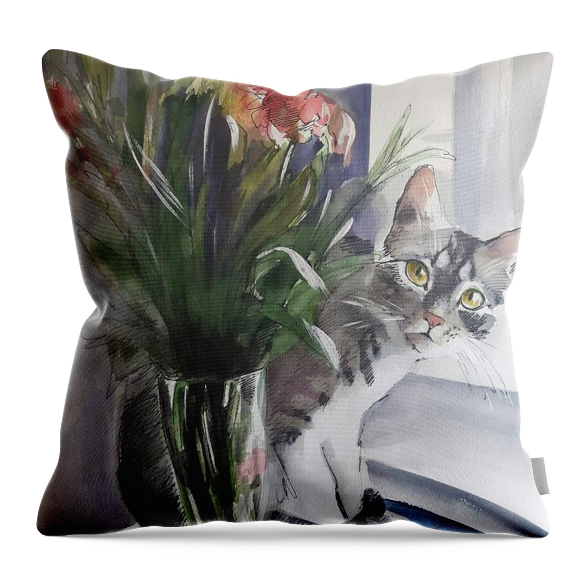 Cat Throw Pillow featuring the painting Do you see me? Pet portrait in watercolor .Modern cat art with flowers by Vali Irina Ciobanu