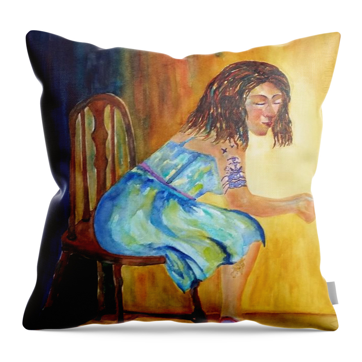 Girl With Tatoo Throw Pillow featuring the painting Docked by Kim Shuckhart Gunns