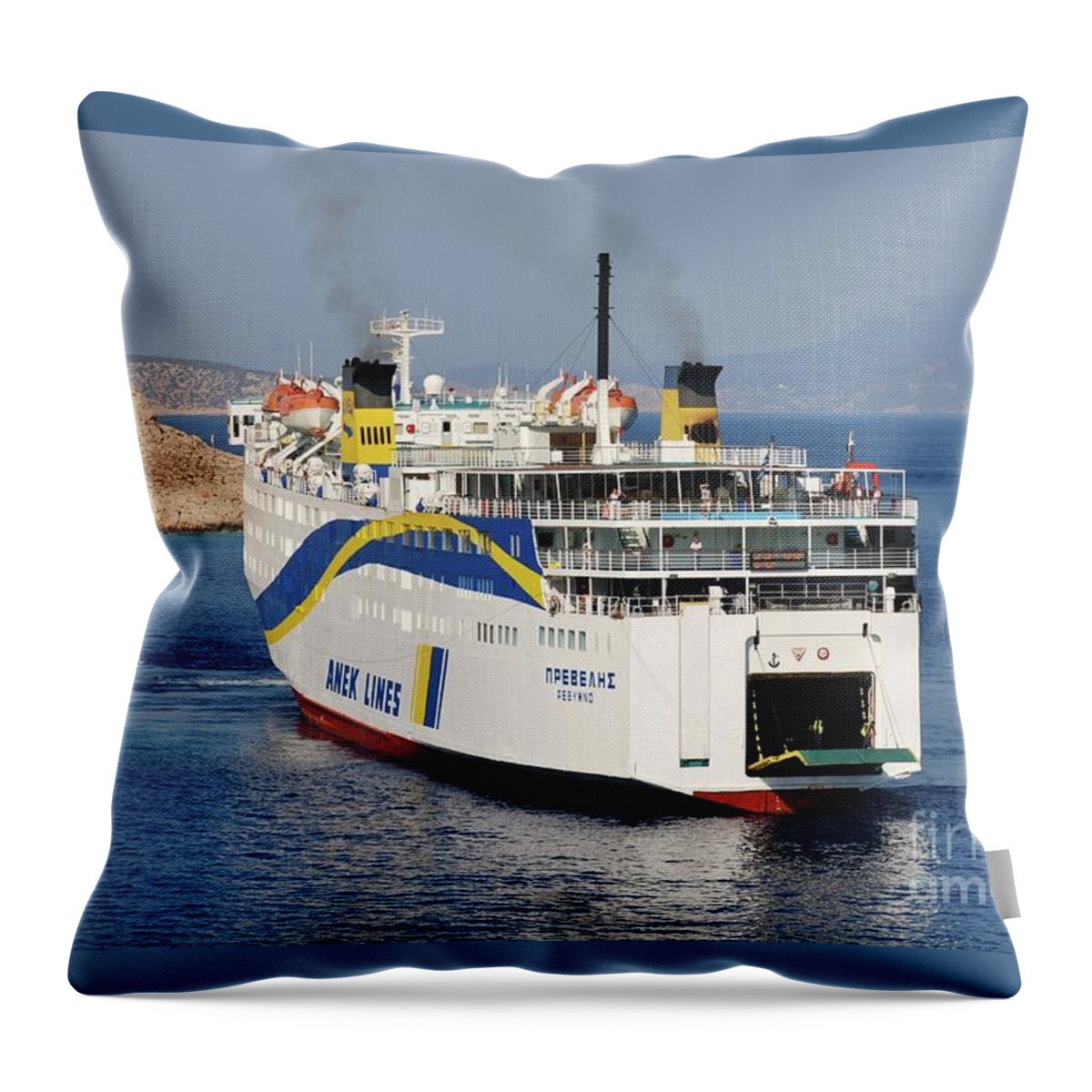 Halki Throw Pillow featuring the photograph Docking ferry on Halki by David Fowler