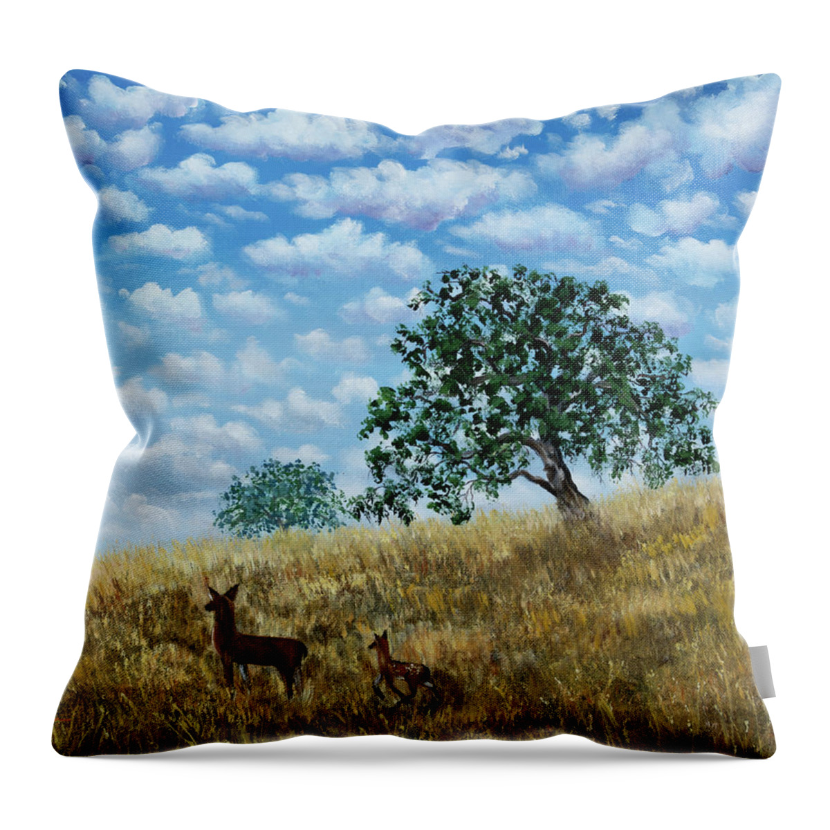 California Throw Pillow featuring the painting Doe and Fawn Under White Fluffy Clouds by Laura Iverson