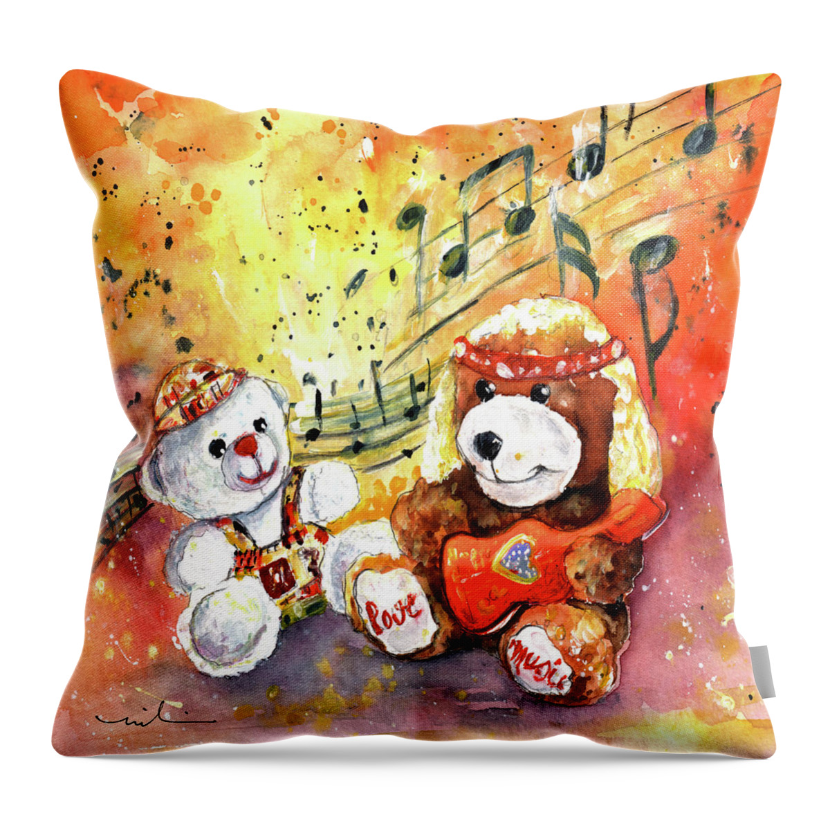 Truffle Mcfurry Throw Pillow featuring the painting Doggy Guitar And His Roadie by Miki De Goodaboom