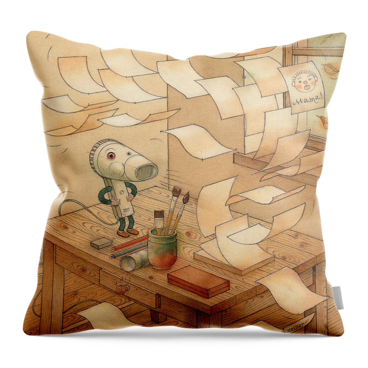Wind Paper Autumn Storm Throw Pillow featuring the painting Domestic Wind Hairdryer by Kestutis Kasparavicius